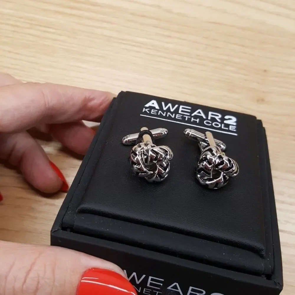 Kenneth Cole AWEAR2 Mens Cuff Links Silver Braided Round Knot